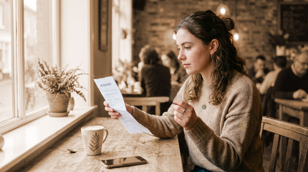 Mujer revisando el contrato de un préstamo personal antes de firmarlo