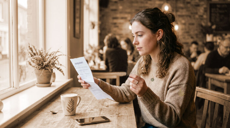 Mujer revisando el contrato de un préstamo personal antes de firmarlo