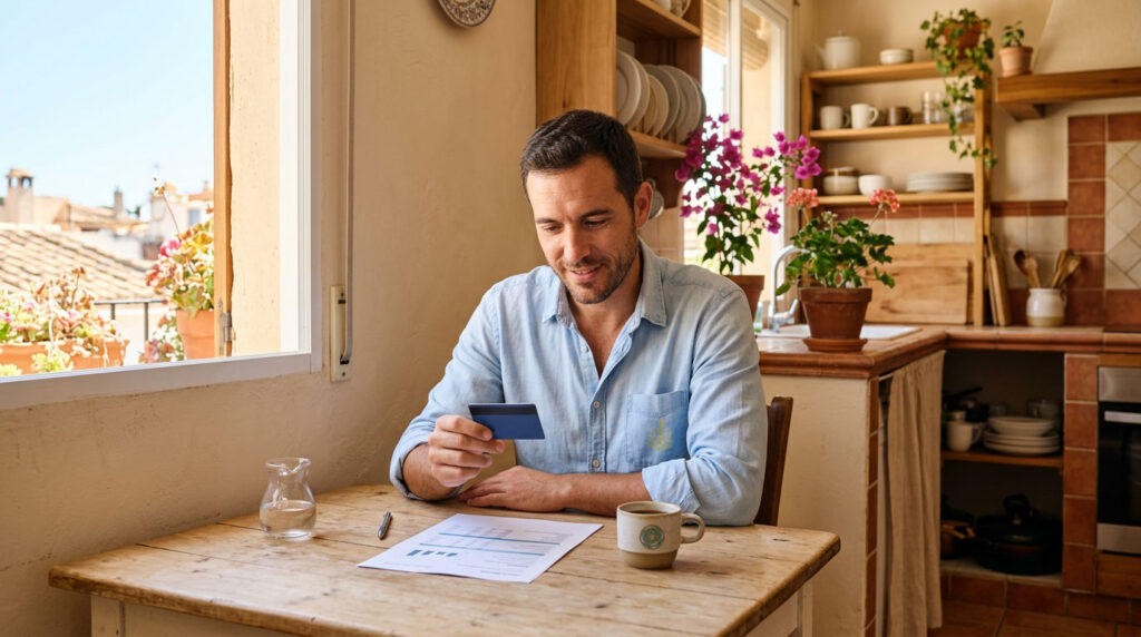Hombre comparando una tarjeta de crédito con un documento de préstamo personal en la cocina