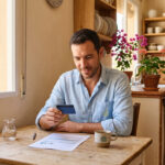 Hombre comparando una tarjeta de crédito con un documento de préstamo personal en la cocina