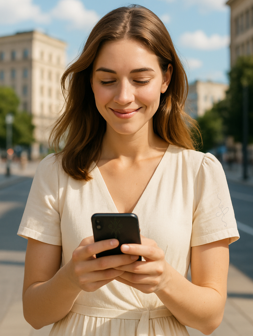 Mujer al aire libre mirando su teléfono móvil.