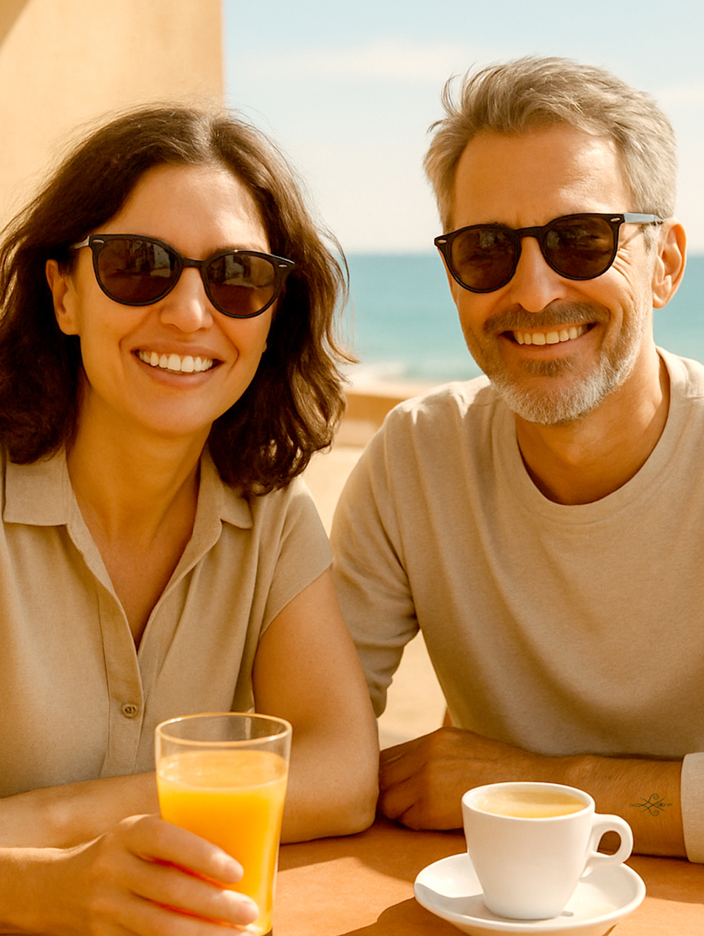 Pareja sonriente de unos 40 años sentada en un café junto al mar, disfrutando de café y zumo en un día soleado, con el mar y edificios típicos al fondo.