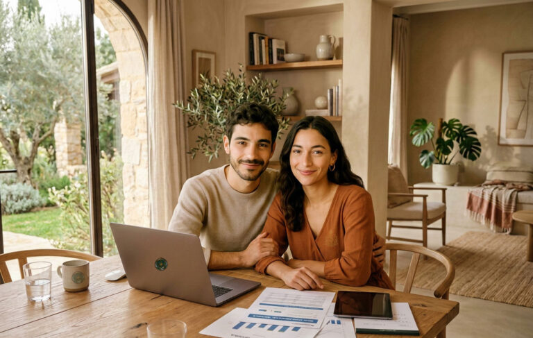 Pareja joven usando un portátil para comparar opciones de préstamos personales en casa.