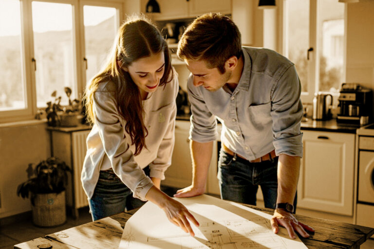 Pareja planeando reformas en su casa con plantas y herramientas sobre la mesa.