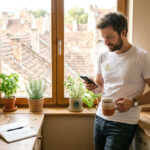 Crédito personal para imprevistos: cómo funciona y cuándo usarlo Hombre revisando su teléfono con una taza de café en la mano, en la cocina de su casa junto a una ventana con vistas a los tejados