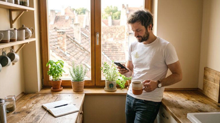 Hombre revisando su teléfono con una taza de café en la mano, en la cocina de su casa junto a una ventana con vistas a los tejados