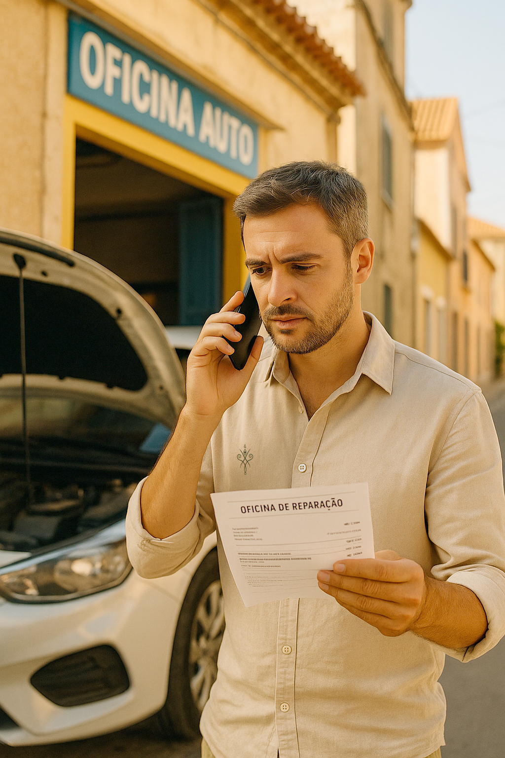 Hombre de entre 30 y 40 años, con expresión preocupada, hablando por teléfono frente a un taller de reparación de automóviles, sosteniendo un presupuesto para la reparación del coche.