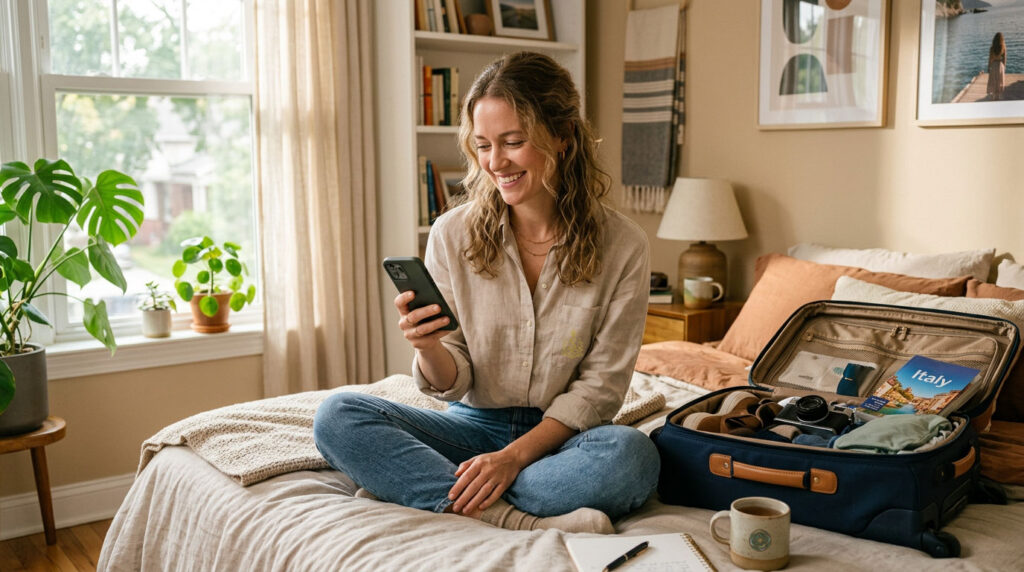 Mujer sonriente revisando su teléfono mientras hace la maleta para sus próximas vacaciones