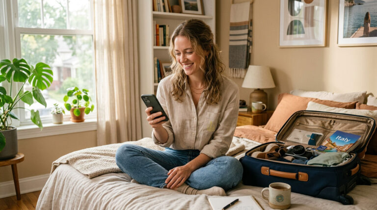 Mujer sonriente revisando su teléfono mientras hace la maleta para sus próximas vacaciones