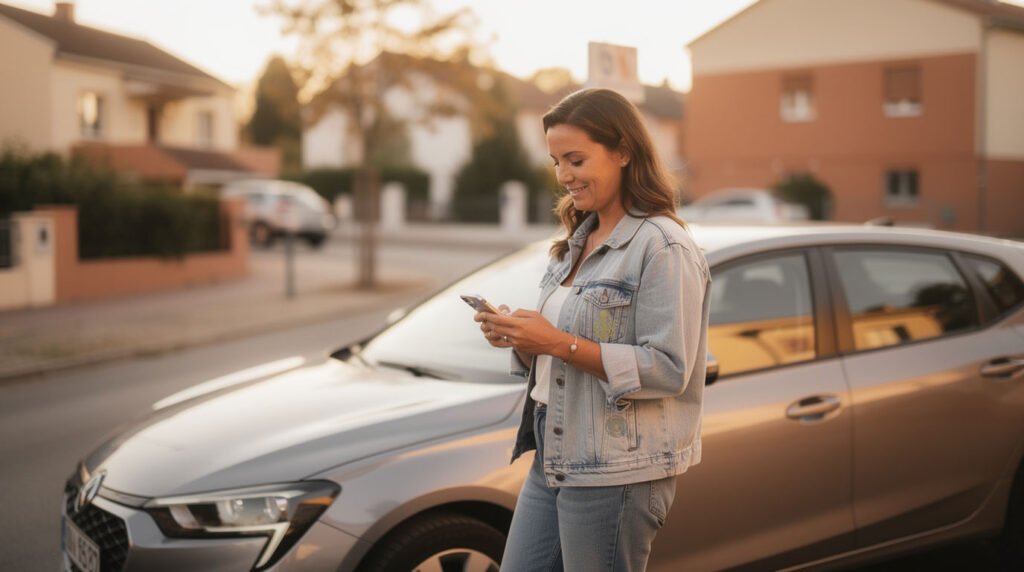 Mujer sonriente revisando una oferta de préstamo en su teléfono junto a su coche, en una calle residencial al atardecer