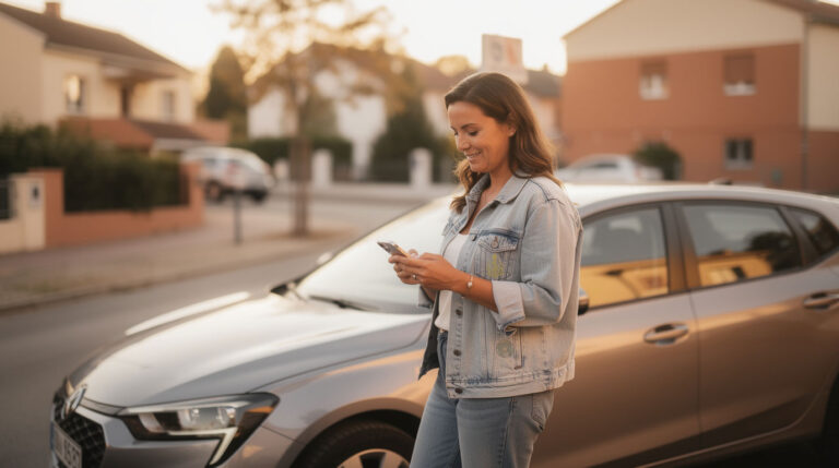 Mujer sonriente revisando una oferta de préstamo en su teléfono junto a su coche, en una calle residencial al atardecer