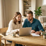 Crédito personal online: ¿es seguro pedirlo por internet? Pareja revisando juntos las condiciones de un crédito personal online en su ordenador portátil
