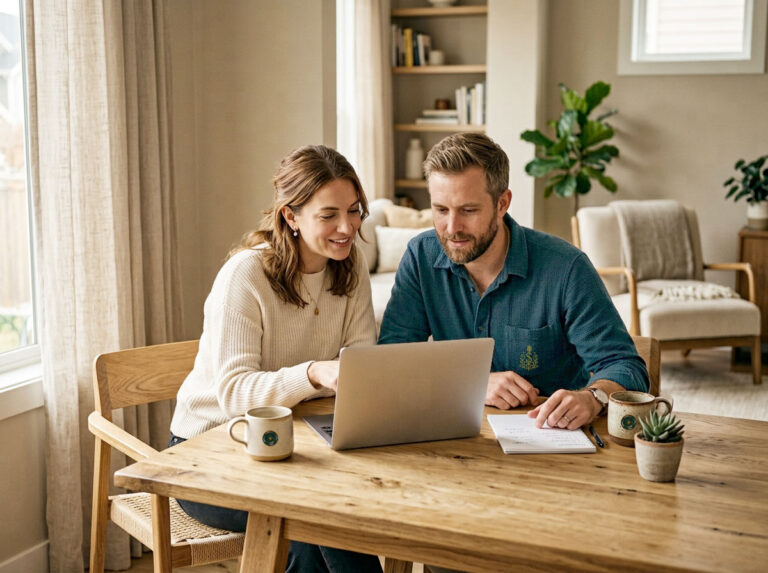 Pareja revisando juntos las condiciones de un crédito personal online en su ordenador portátil