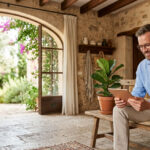 Hombre sonriente usando una tablet para revisar un préstamo personal y pagar deudas, sentado en un salón de estilo mediterráneo con vistas al jardín.