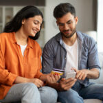 Pareja revisando un crédito personal para pagar deudas usando el móvil y una tarjeta bancaria