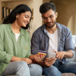 Pareja revisando un crédito personal para pagar deudas usando el móvil y una tarjeta bancaria
