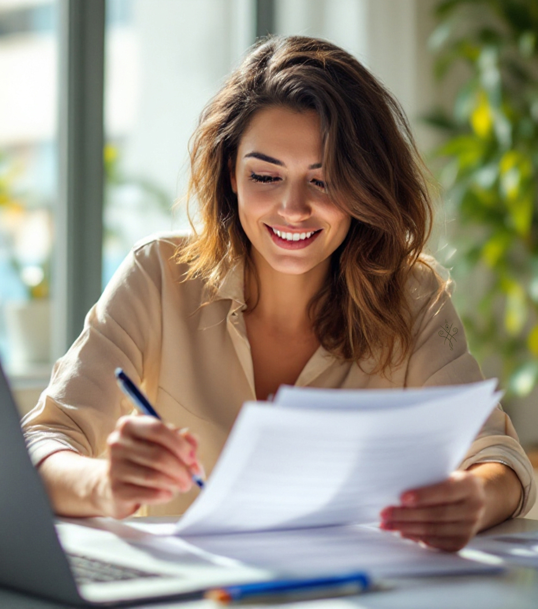 Mujer revisando y comparando opciones de préstamo personal online desde su portátil en casa.