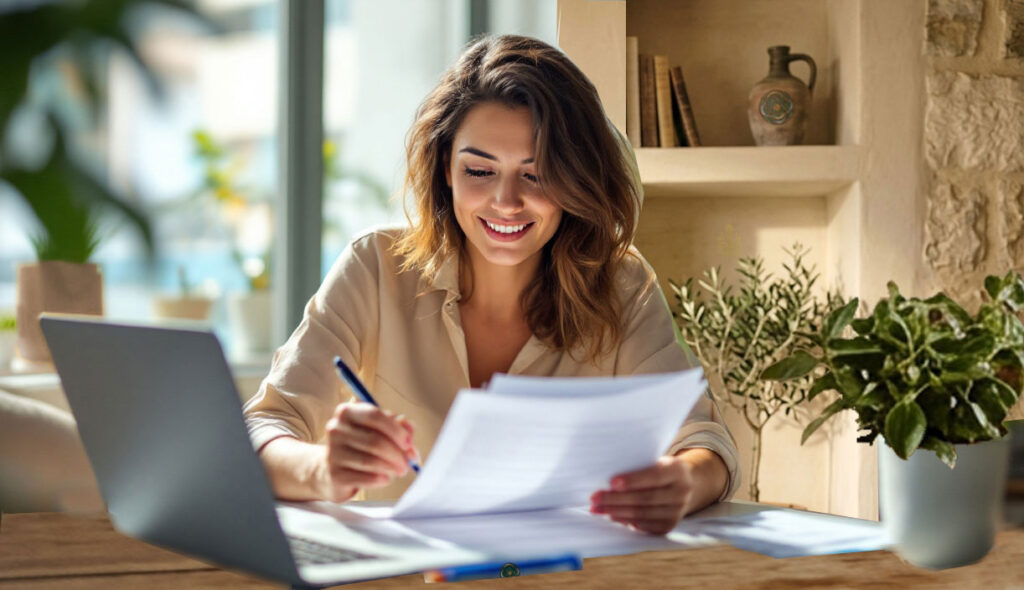Mujer revisando y comparando opciones de préstamo personal online desde su portátil en casa.