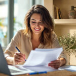 Mujer revisando y comparando opciones de préstamo personal online desde su portátil en casa.