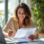 Mujer revisando y comparando opciones de préstamo personal online desde su portátil en casa.