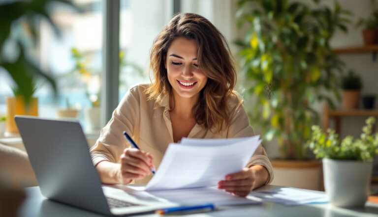 Mujer revisando y comparando opciones de préstamo personal online desde su portátil en casa.