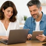 Pareja comparando préstamos rápidos online en España desde portátil y tablet