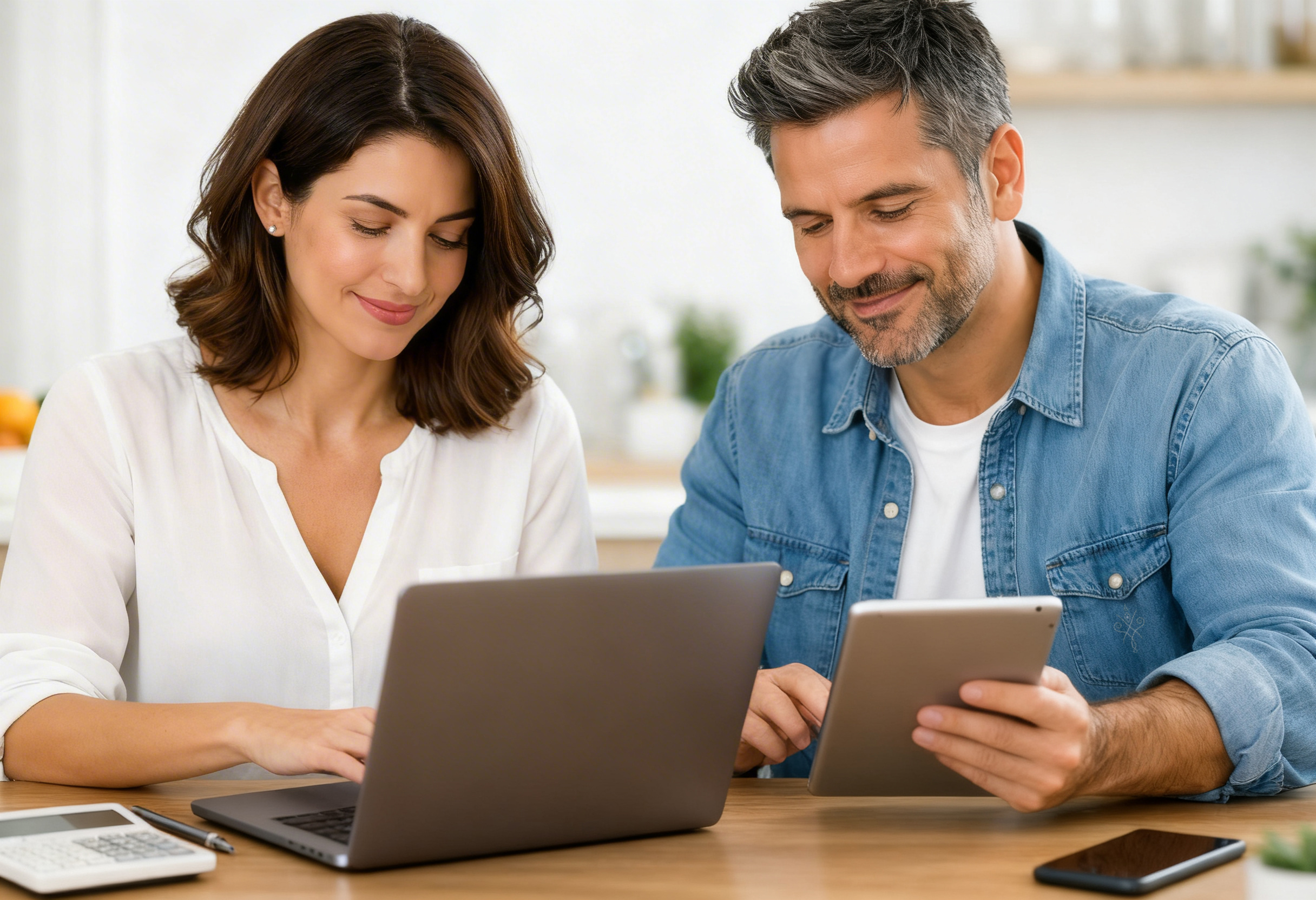 Pareja comparando préstamos rápidos online en España desde portátil y tablet