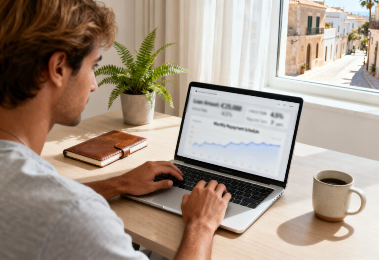 Simulador de préstamo personal en España mostrando cálculo de cuota mensual en un portátil