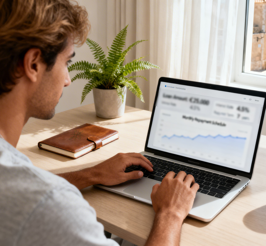 Simulador de préstamo personal en España mostrando cálculo de cuota mensual en un portátil