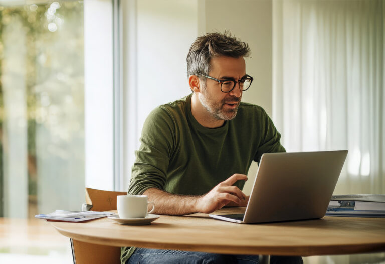Hombre comparando mini créditos con ASNEF en España en su portátil