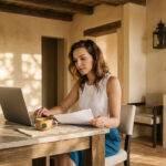 Mujer revisando su nómina en portátil antes de solicitar un préstamo con ASNEF en España