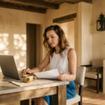 Mujer revisando su nómina en portátil antes de solicitar un préstamo con ASNEF en España