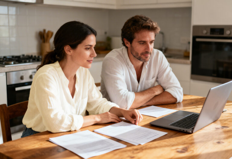 Pareja revisando opciones de préstamos personales con ASNEF sin aval en España en un ordenador portátil