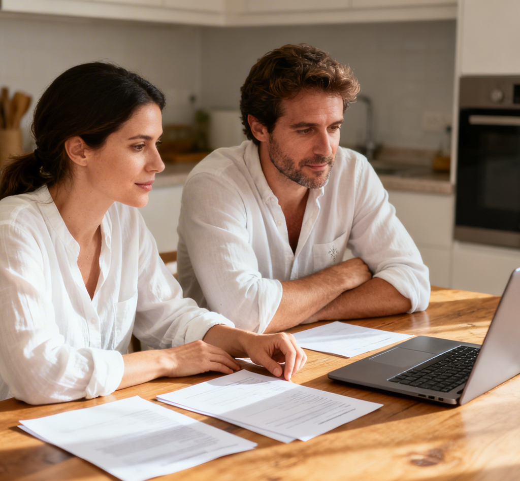 Pareja revisando opciones de préstamos personales con ASNEF sin aval en España en un ordenador portátil