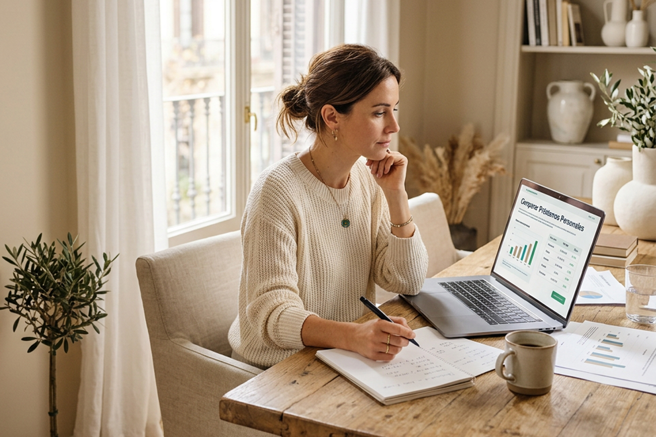 Mujer comparando préstamos personales online desde casa en España
