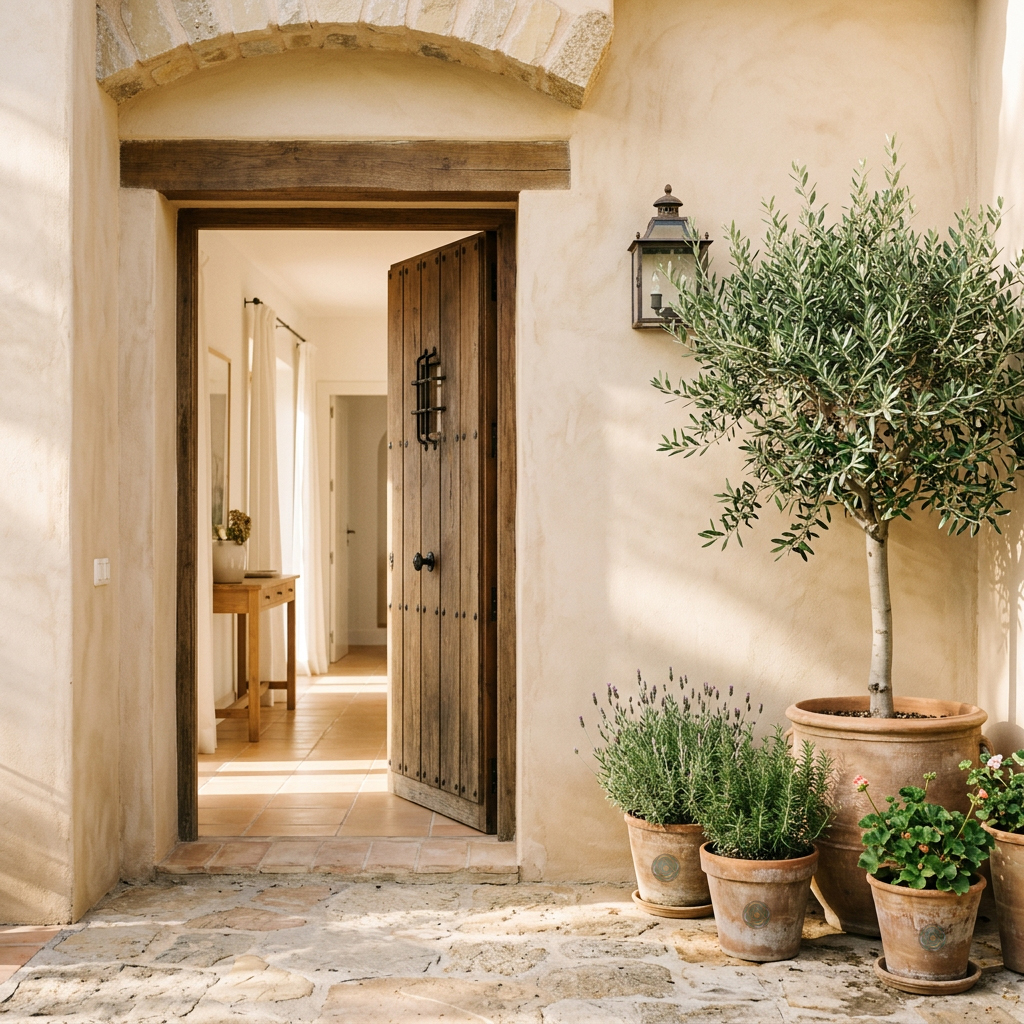 Entrada mediterránea con puerta abierta y luz natural, imagen utilizada en la página de contacto de Ahora Préstamos.