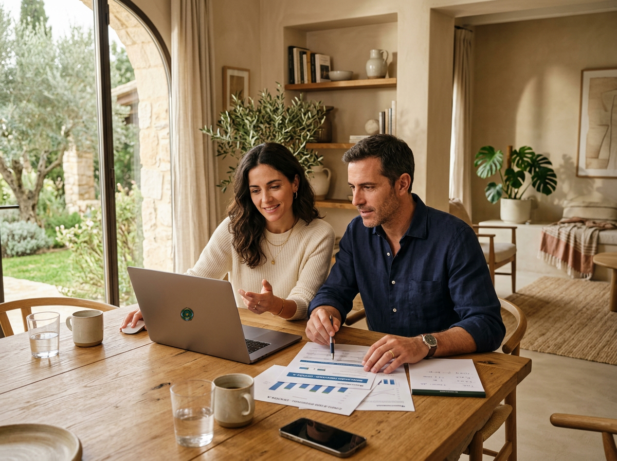 Pareja revisando opciones de préstamos personales online desde casa en España.